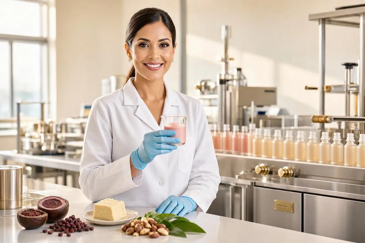 مختصة في مختبر لتصنيع مستحضرات التجميل مع مكونات طبيعية برازيلية